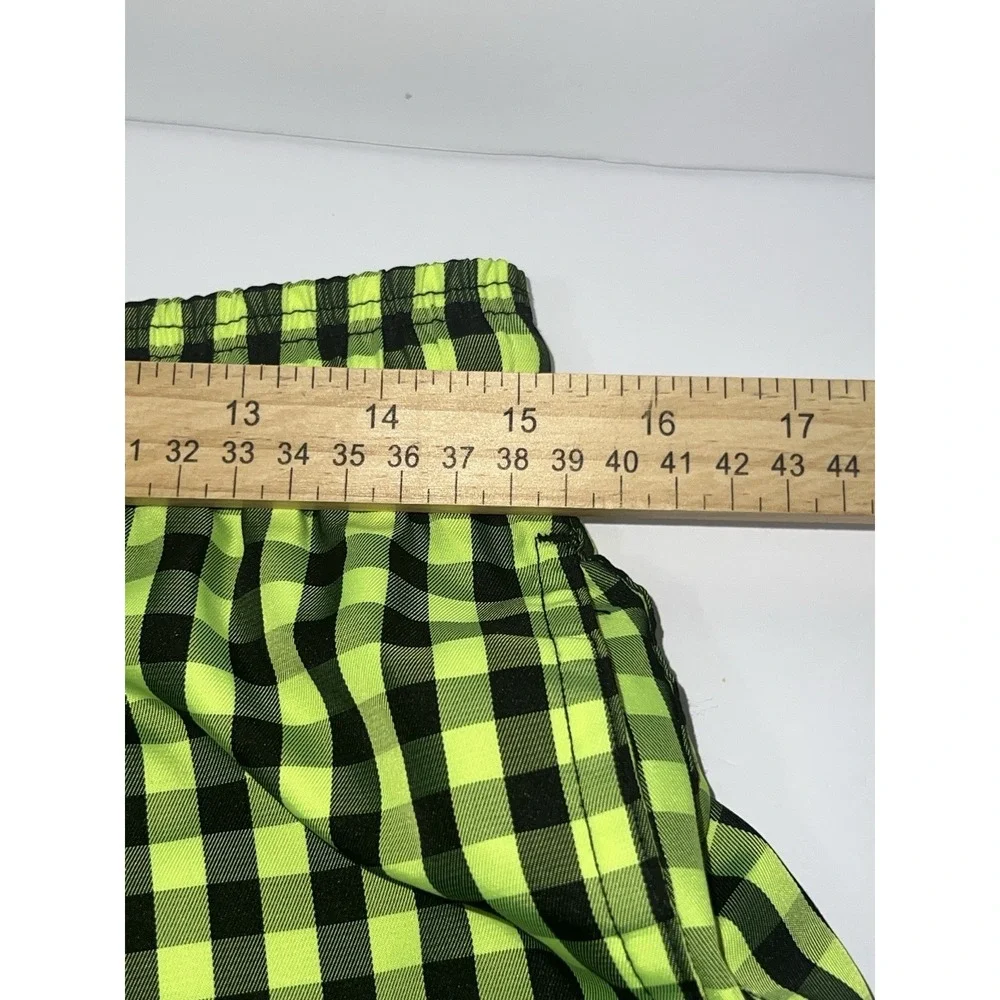 JARED LANG Men's Checkered Swim Trunks Neon Lime Black Plaid Shorts Sz. Medium